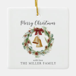 メリークリスマス、黄金の鐘と葉のリース セラミックオーナメント