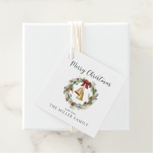 メリークリスマス、黄金の鐘と葉のリース フェイバータグ (インサイチュ)