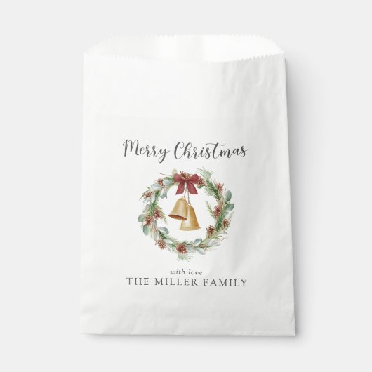 メリークリスマス、黄金の鐘と葉のリース フェイバーバッグ (正面)