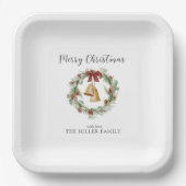メリークリスマス、黄金の鐘と葉のリース ペーパープレート (正面)