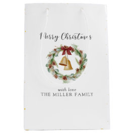 メリークリスマス、黄金の鐘と葉のリース ミディアムペーパーバッグ
