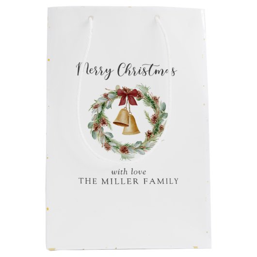メリークリスマス、黄金の鐘と葉のリース ミディアムペーパーバッグ (正面)