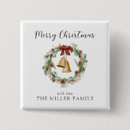 メリークリスマス、黄金の鐘と葉のリース 缶バッジ