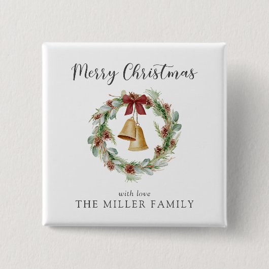メリークリスマス、黄金の鐘と葉のリース 缶バッジ (正面)