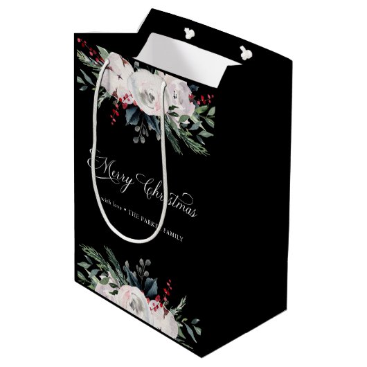 メリークリスマス |黒の水色の花 ミディアムペーパーバッグ (裏面アングル)