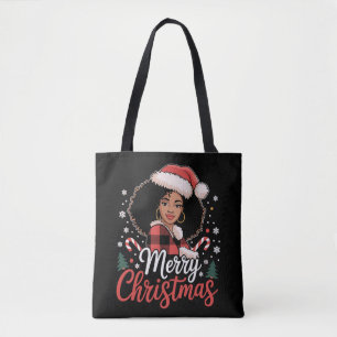 メリークリスマス 黒人のアフリカの女の子 サンタの帽子 クリスマス トートバッグ