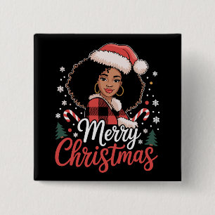 メリークリスマス 黒人のアフリカの女の子 サンタの帽子 クリスマス 缶バッジ