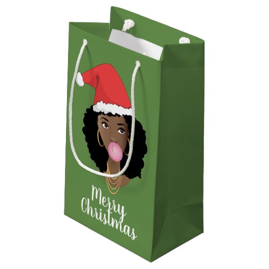 メリークリスマス!黒人女性サンタハットバブルガム スモールペーパーバッグ (裏面アングル)