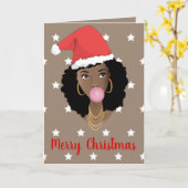 メリークリスマス!黒人女性サンタハットホワイトスターズ カード (黄色い花)