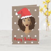 メリークリスマス!黒人女性サンタハットホワイトスターズ カード (黄色い花)