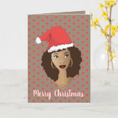 メリークリスマス!黒人女性サンタハット水玉模様 カード (黄色い花)