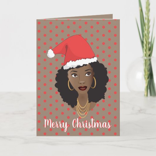 メリークリスマス!黒人女性サンタハット水玉模様 カード (正面)