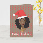 メリークリスマス!黒人女性サンタハット水玉模様 カード (黄色い花)