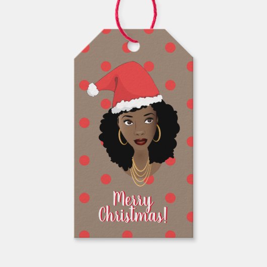 メリークリスマス!黒人女性サンタハット水玉模様 ギフトタグ (正面)