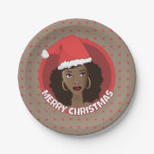 メリークリスマス、黒人女性サンタハット ペーパープレート (正面)