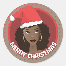メリークリスマス、黒人女性サンタハット ラウンドシール
