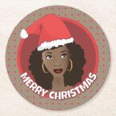 メリークリスマス、黒人女性サンタハット ラウンドペーパーコースター (正面)