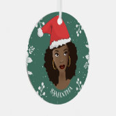 メリークリスマス、黒人女性レッドサンタハット、グリーン メタルオーナメント (正面右)