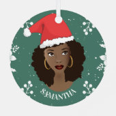 メリークリスマス、黒人女性レッドサンタハット、グリーン メタルオーナメント (裏面)