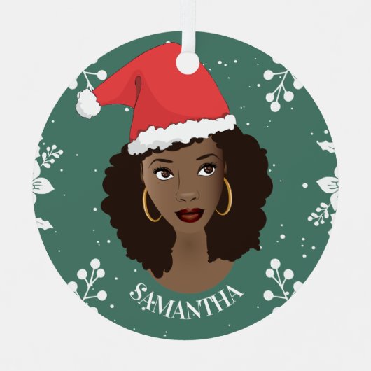 メリークリスマス、黒人女性レッドサンタハット、グリーン メタルオーナメント (正面)