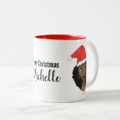 メリークリスマス!黒人女性レッド・サンタハット氏名 ツートーンマグカップ (正面右)
