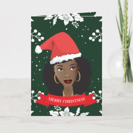 メリークリスマス、黒人女性(サンタハット付き)、緑 シーズンカード