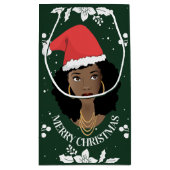 メリークリスマス、黒人女性（サンタハット付き）、緑 スモールペーパーバッグ (裏面)