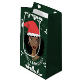 メリークリスマス、黒人女性（サンタハット付き）、緑 スモールペーパーバッグ (正面アングル)