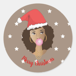 メリークリスマス!黒人女性、サンタハット、ガム、スター ラウンドシール