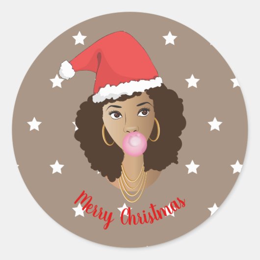 メリークリスマス!黒人女性、サンタハット、ガム、スター ラウンドシール (正面)
