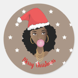 メリークリスマス!黒人女性、サンタハット、ガム、スター ラウンドシール