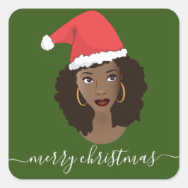 メリークリスマス、黒人女性、サンタハット、グリーン スクエアシール