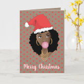 メリークリスマス!黒人女性、サンタハット、バブルガム カード (黄色い花)