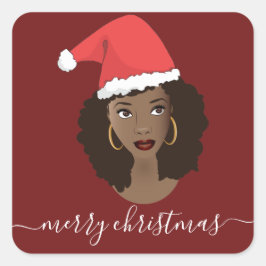 メリークリスマス、黒人女性、サンタハット、赤 スクエアシール