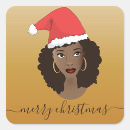 メリークリスマス、黒人女性、サンタハット、黄色 スクエアシール