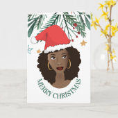 メリークリスマス、黒人女性、レッドサンタハット カード (黄色い花)