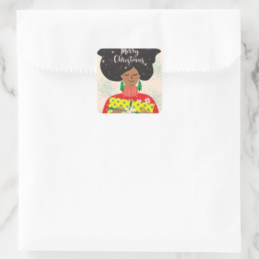 メリークリスマス、黒人女性、明るいセーターの贈り物 スクエアシール (バッグ)
