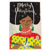 メリークリスマス、黒人女性、明るいセーターの贈り物 ミディアムペーパーバッグ (正面)
