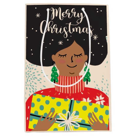 メリークリスマス、黒人女性、明るいセーターの贈り物 ミディアムペーパーバッグ (正面)