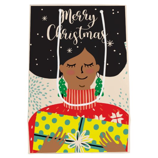 メリークリスマス、黒人女性、明るいセーターの贈り物 ミディアムペーパーバッグ (裏面)