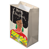 メリークリスマス、黒人女性、明るいセーターの贈り物 ミディアムペーパーバッグ (裏面アングル)