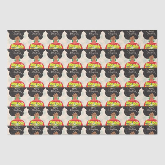 メリークリスマス、黒人女性、明るいセーターの贈り物 薄葉紙 (正面)