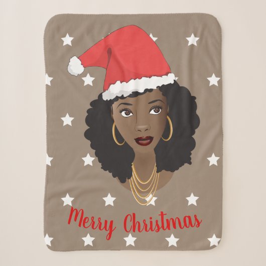 メリークリスマス、黒人女性、白い星、茶色 シェルパブランケット (正面)