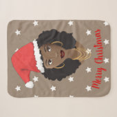 メリークリスマス、黒人女性、白い星、茶色 シェルパブランケット (正面(横))