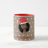 メリークリスマス、黒人女性、白い星、茶色 マグカップ (中央)