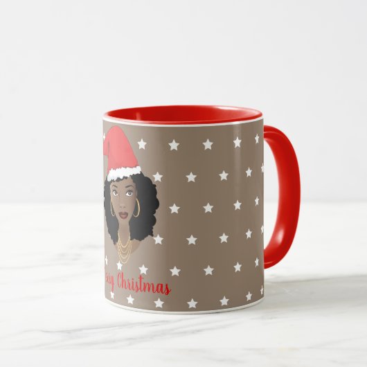 メリークリスマス、黒人女性、白い星、茶色 マグカップ (正面右)