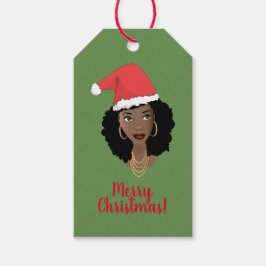メリークリスマス!黒人女性，赤いサンタハット，緑 ギフトタグ
