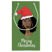メリークリスマス!黒人女性，赤いサンタハット，緑 スモールペーパーバッグ (裏面)