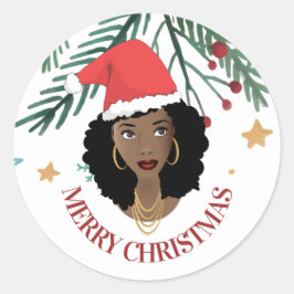 メリークリスマス、黒人女性、赤サンタハット、ツリー ラウンドシール