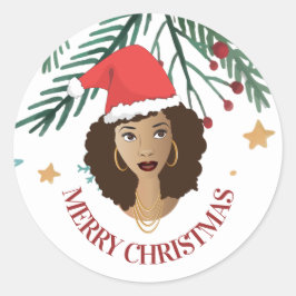 メリークリスマス、黒人女性、赤サンタハット、ツリー ラウンドシール